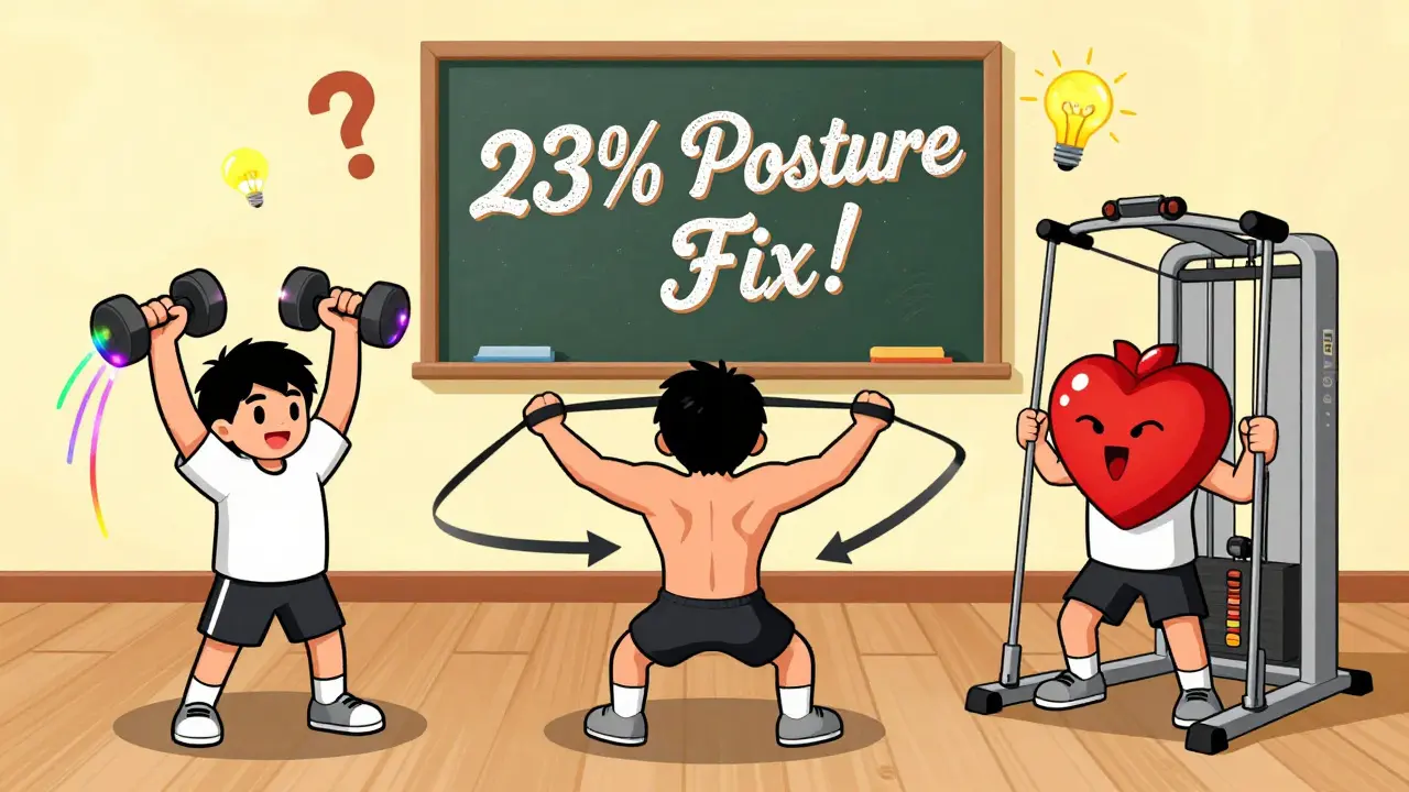 Трое людей делают упражнения на задние дельты с радужными эффектами и символами пауз