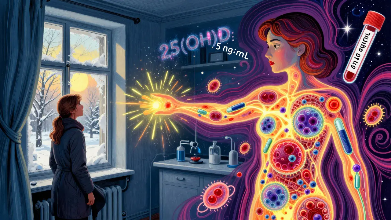 Женщина у окна зимнего города, внутри тела — схема работы витамина D и анализ крови.
