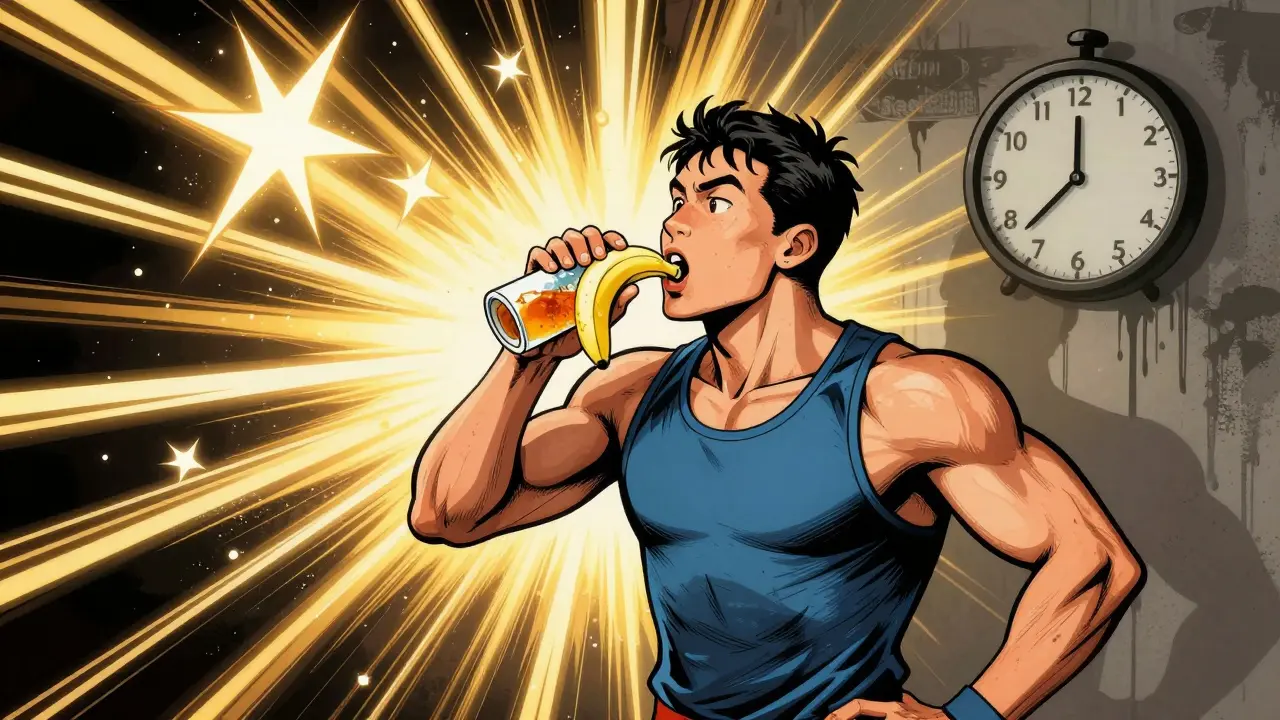 Атлет ест банан после тренировки, вокруг — вспышки золотого света, на фоне часов 17:30.
