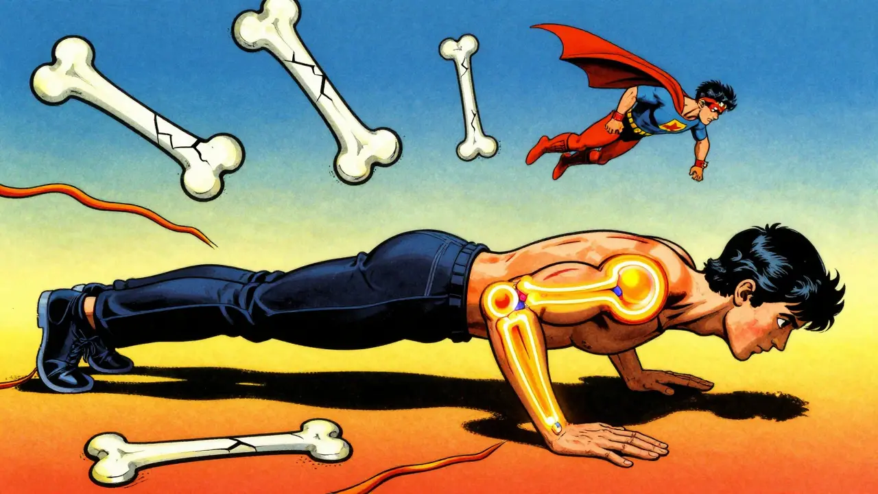 Человек делает отжимания с сияющими запястьями, как золотыми мостами, в психоделическом стиле