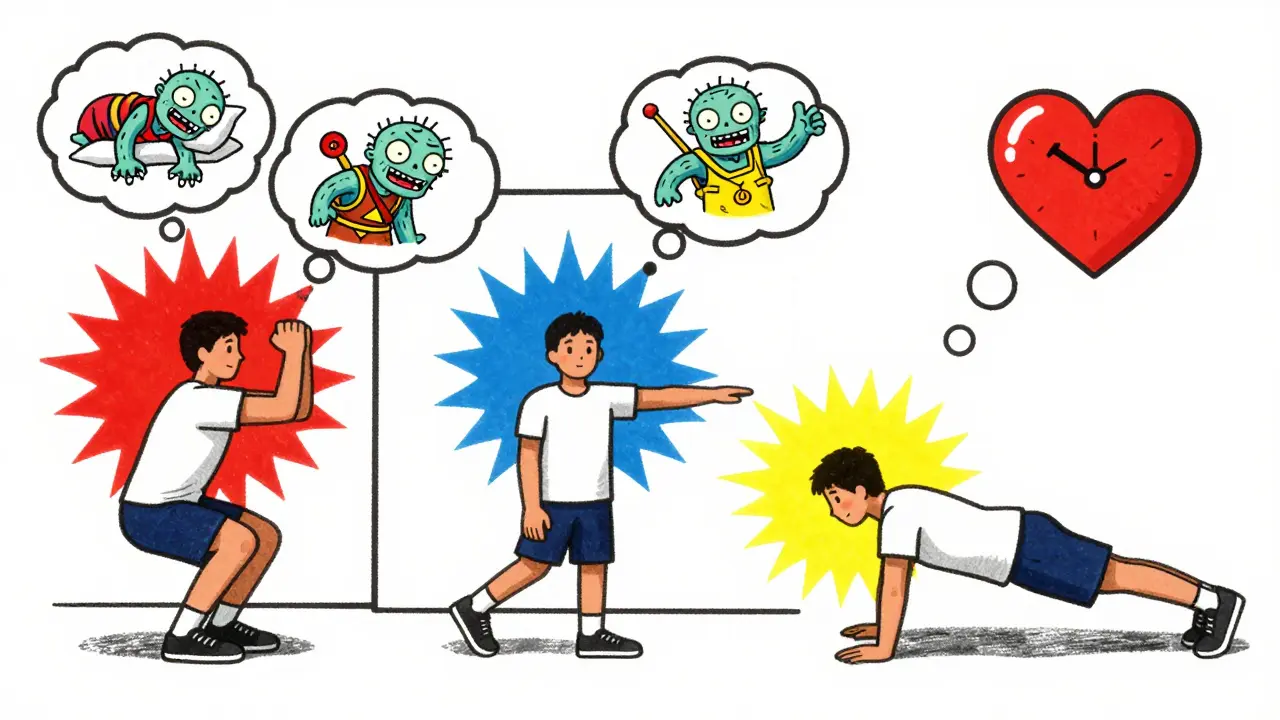 Человек делает упражнения, каждое из которых излучает цветную энергию, превращая сон в бодрость.