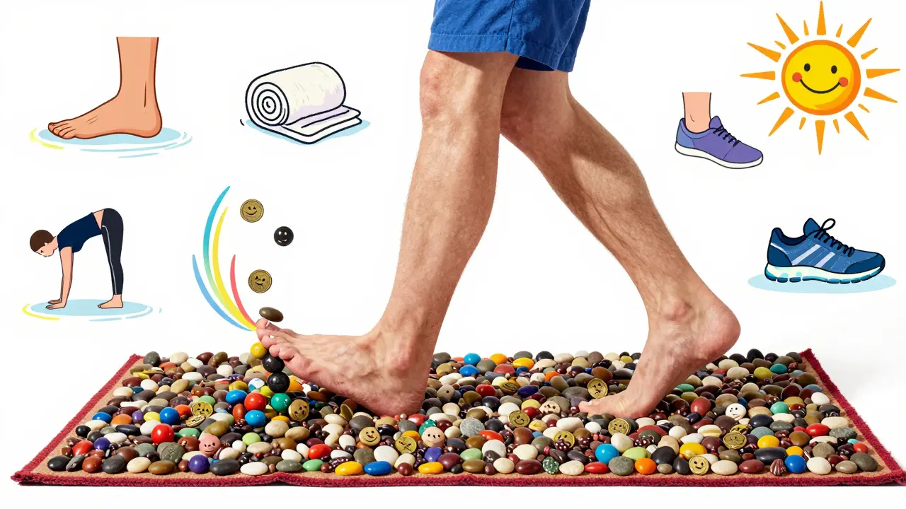 Человек ходит босиком по коврику с камешками и поднимает монеты пальцами ног, в стиле Питера Макса