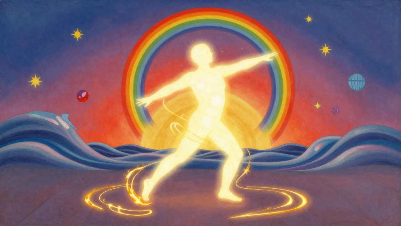 Человек выполняет утреннюю разминку с радужными энергетическими следами вокруг тела.