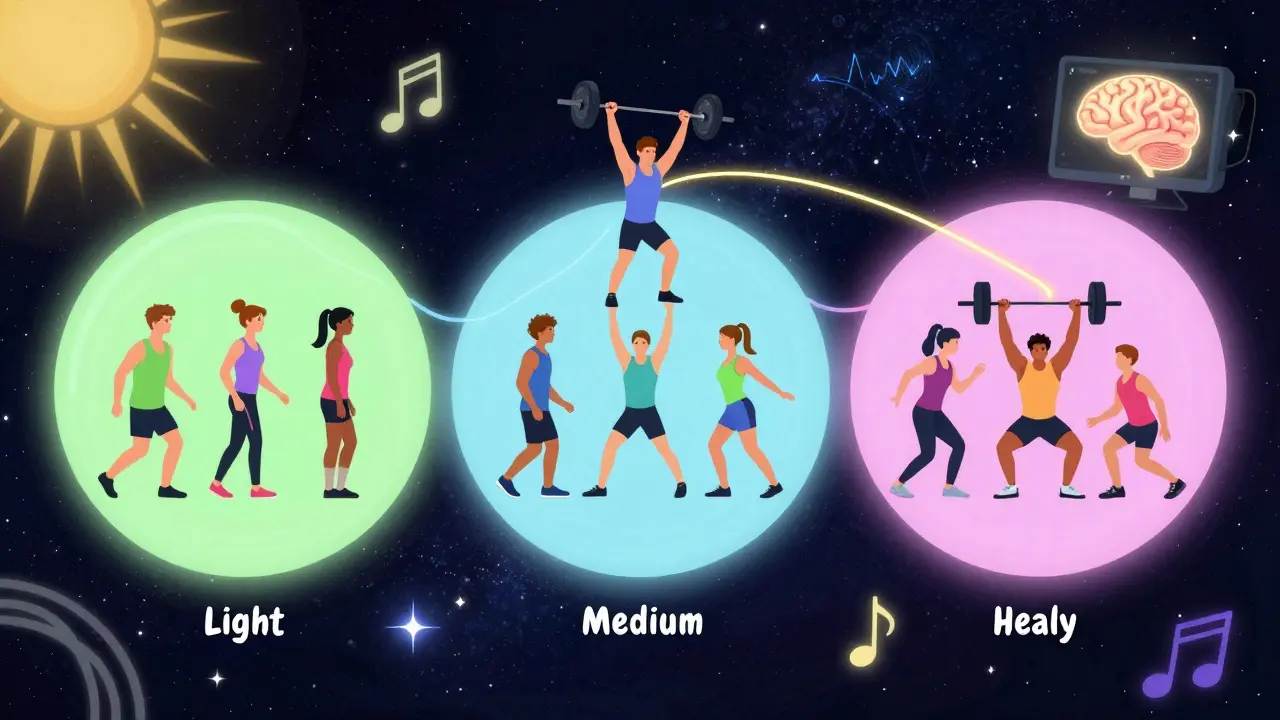 Циклическая тренировочная схема с тремя фазами над атлетами в стиле Петера Макса, с пульсом и мозгом в фоне.