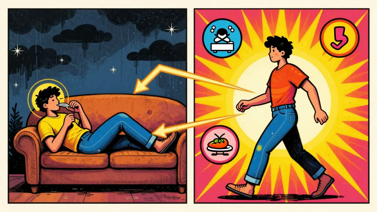Два сценария: один — человек на диване с едой, другой — тот же человек идет на солнце с символами здоровья.
