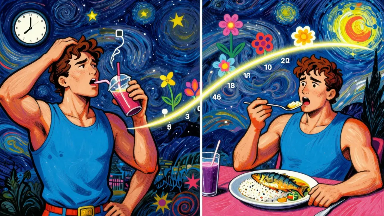 Два сценария: один — паника с протеиновым коктейлем, другой — спокойный приём пищи под звёздами с таймлайном восстановления.