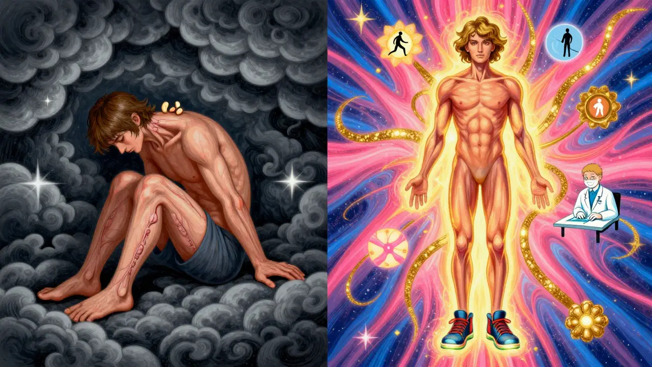 Контраст: сломанное тело слева и здоровое — справа, с ортопедической обувью и сияющими элементами, в стиле Питера Макса