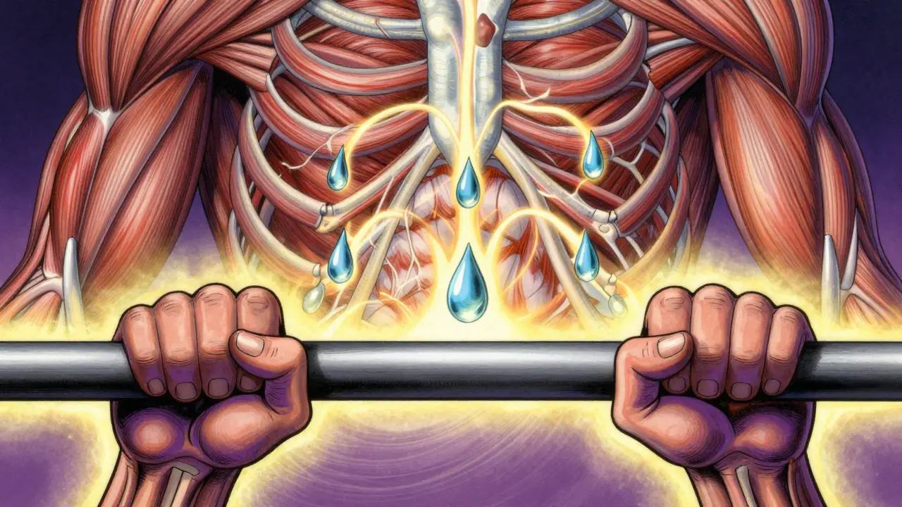 Крупный план рук на брусьях с абстрактными изображениями мышц и дыхания.