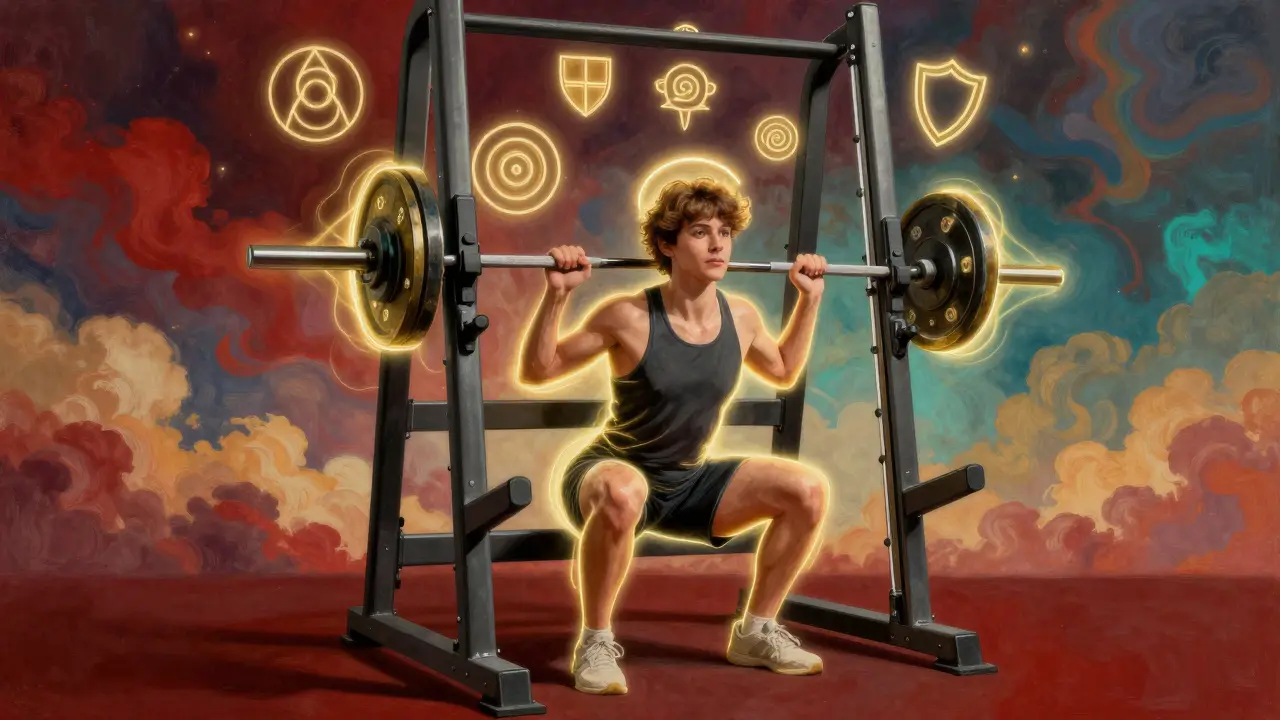 Новичок выполняет приседания в тренажере Смита, вокруг — символы стабильности и светящиеся защитные барьеры.