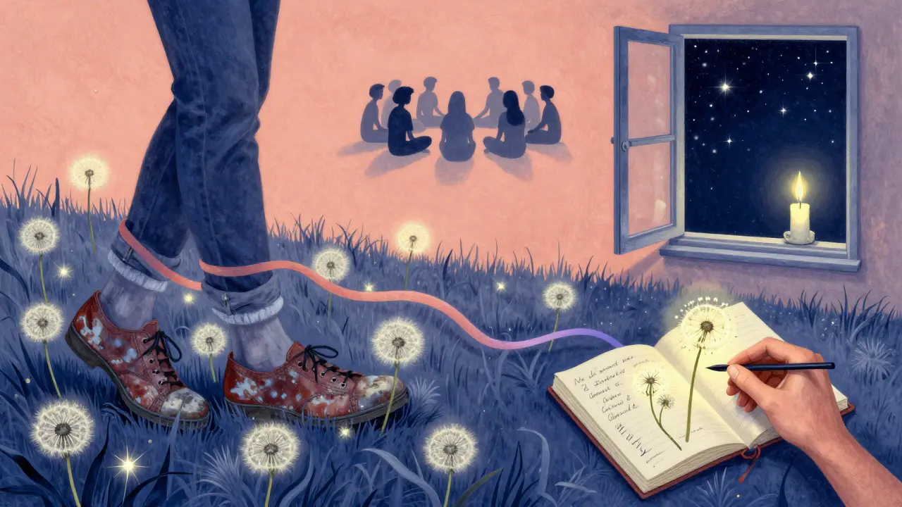 Повседневные ритуалы исцеления: шаги по полю, дневник, свеча у окна — всё в ярких, мягких цветах.