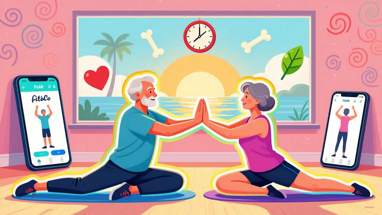 Пожилая пара тянется после тренировки, вокруг них — символы здоровья и радужные сияния, за окном — рассвет.