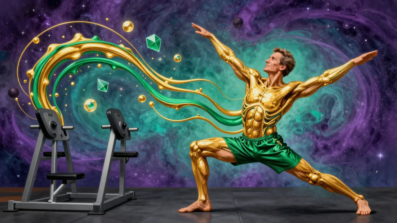 Пожилой мужчина с телом, превращающимся в золотые реки, при разогреве суставов.