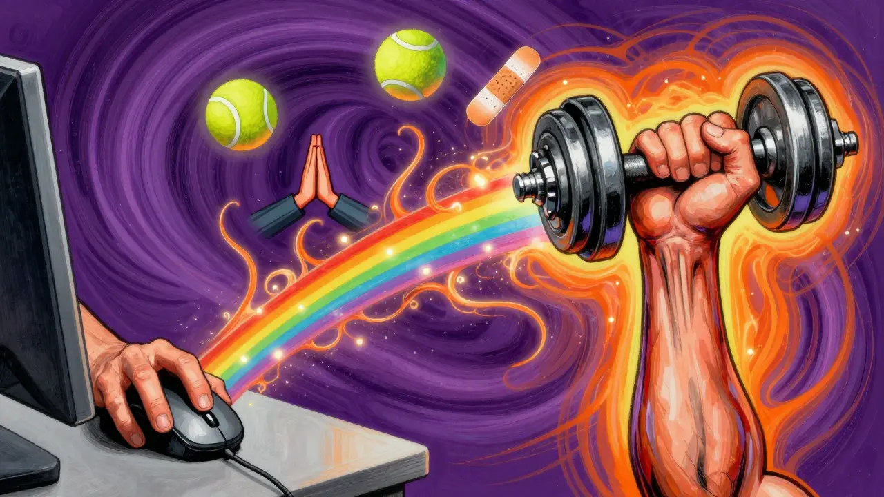 Разделённая сцена: уставшая рука за компьютером и сильная рука с гантелей, соединённые радугой