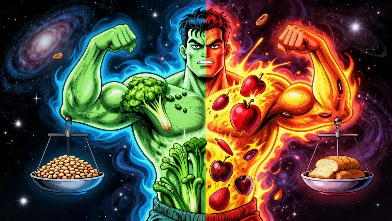 Разделённое тело: одна половина питается сложными углеводами, другая — простыми, в космическом стиле.