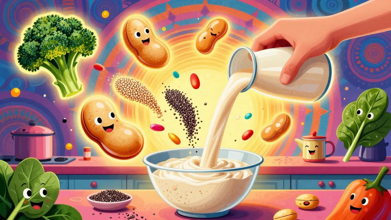 Рукой на кухне льется белок из сои, вокруг танцуют семена и овощи в психоделической обстановке.