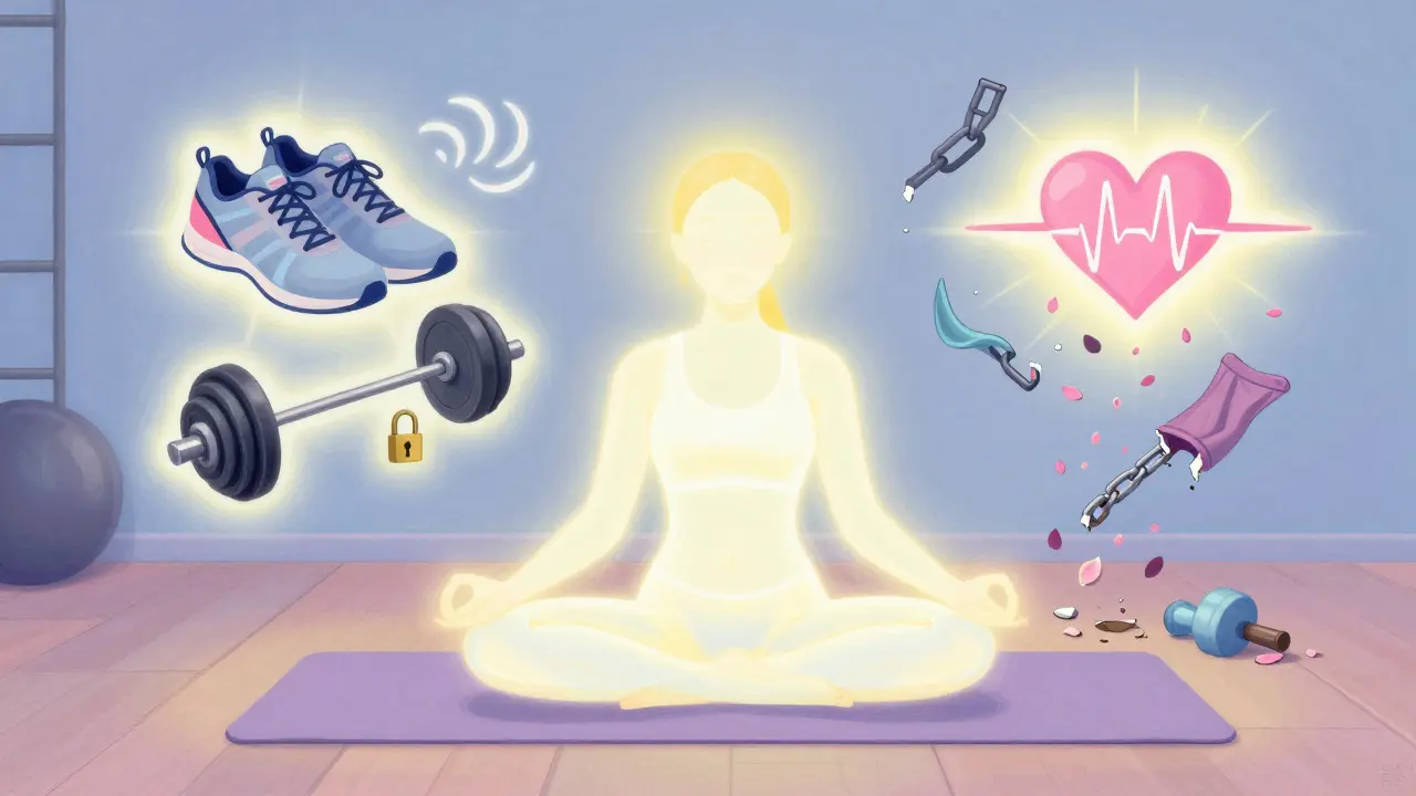 Спокойная фигура в зале с символами безопасности: обувью, замком и дыханием, окруженная мягкими сияющими оттенками.