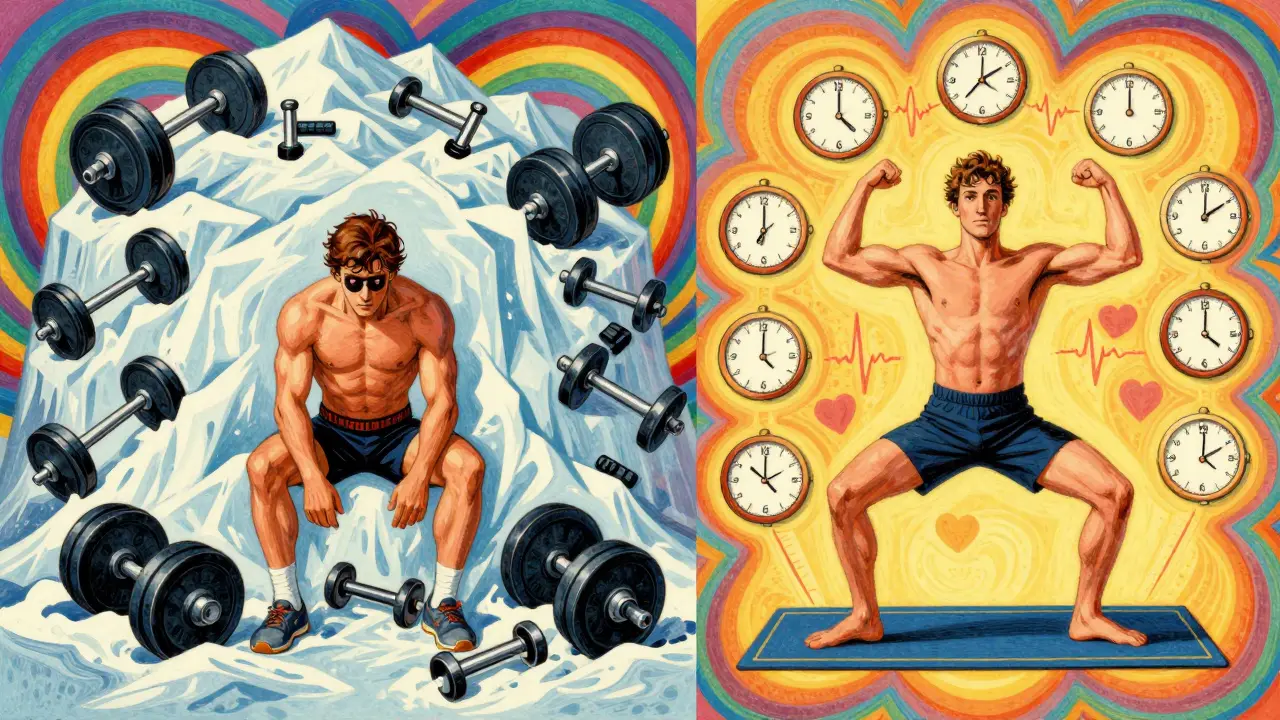 Сравнение перетренированного и сбалансированного атлета в ярком психоделическом стиле с часами и пульсами.