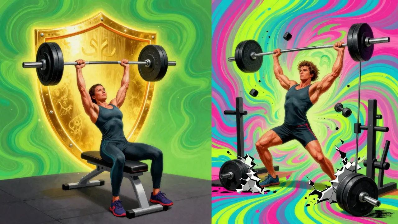Сравнение правильной и неправильной техники жима лежа в стиле Питера Макс с сияющими щитами и хаотичными разлетающимися гантелями.