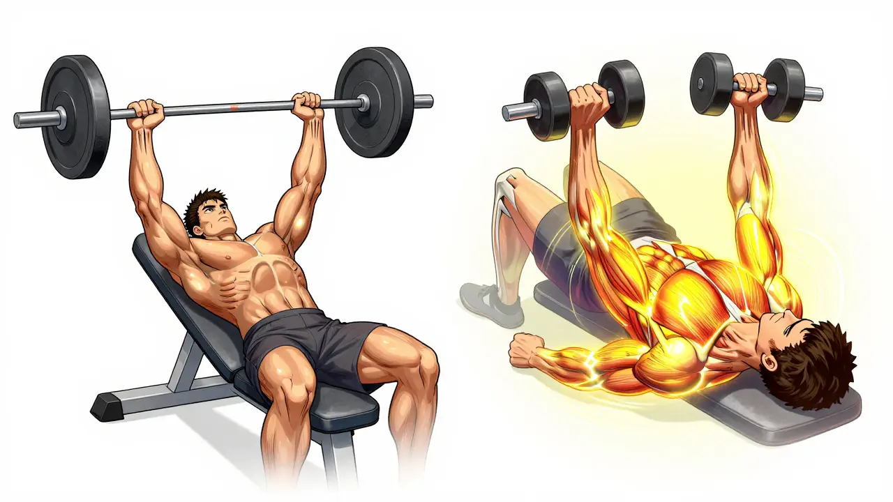 Сравнение жима лёжа и разводки: только грудные мышцы ярко светятся, остальные — тусклые.