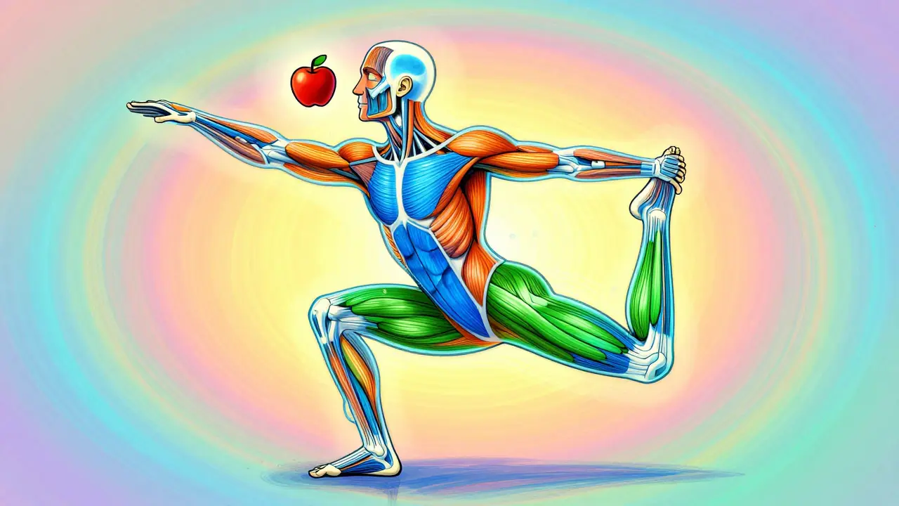 Структура мышц тела во время упражнения Single Leg Stretch, с подсвеченными группами мышц и символическим яблоком между подбородком и грудью.