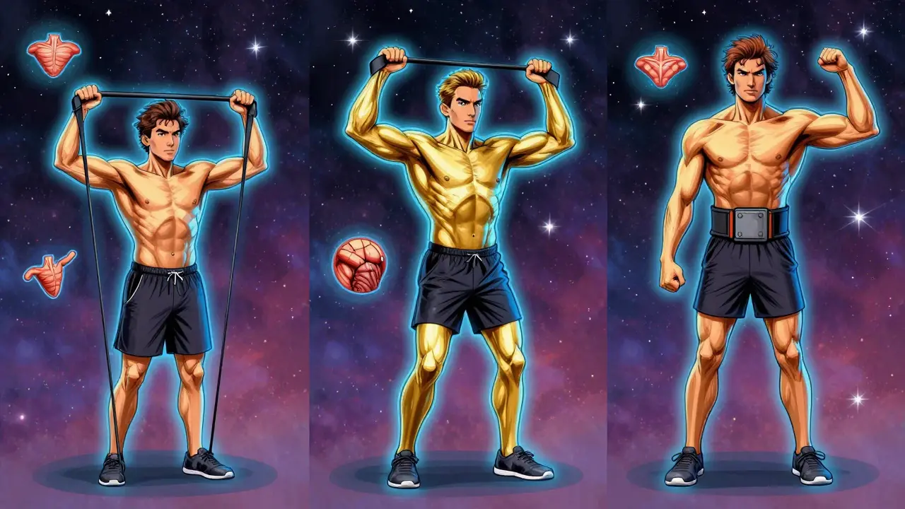 Три варианта отжиманий на брусьях: с резинками, с контролем и с дополнительным весом.