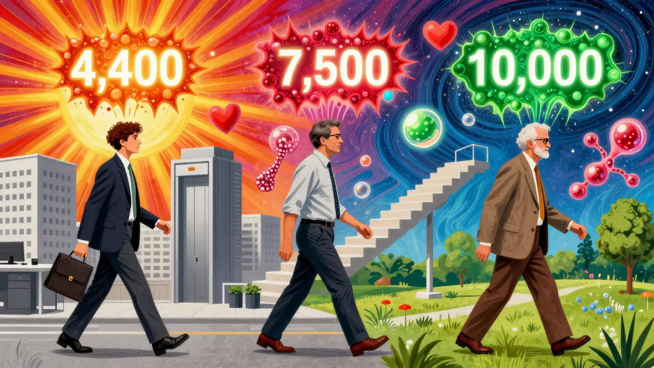 Трое людей идут с разным количеством шагов, вокруг — сердца, кислород и молекулы холестерина.