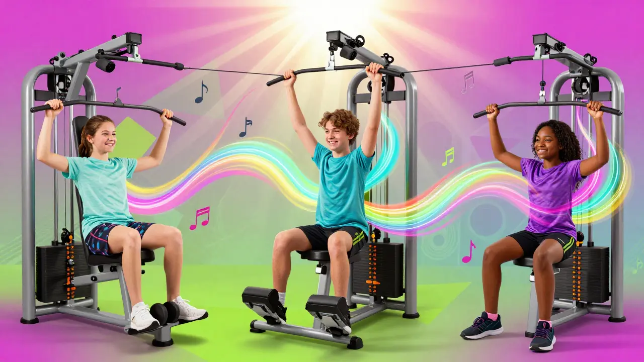 Трое новичков тренируются на разных машинах, их движения соединены цветными световыми лентами, фон — абстрактные узоры.