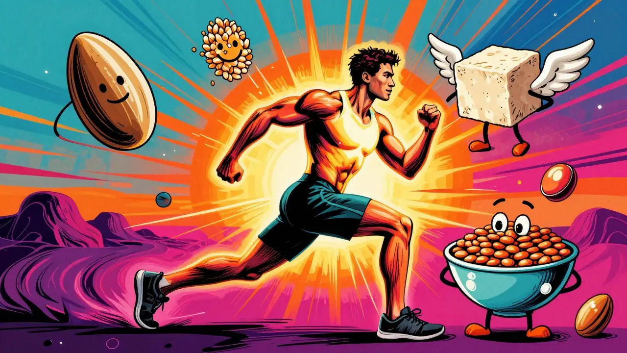 Веганский спортсмен окружен символами полноценного белка, плавающими как планеты в космосе.