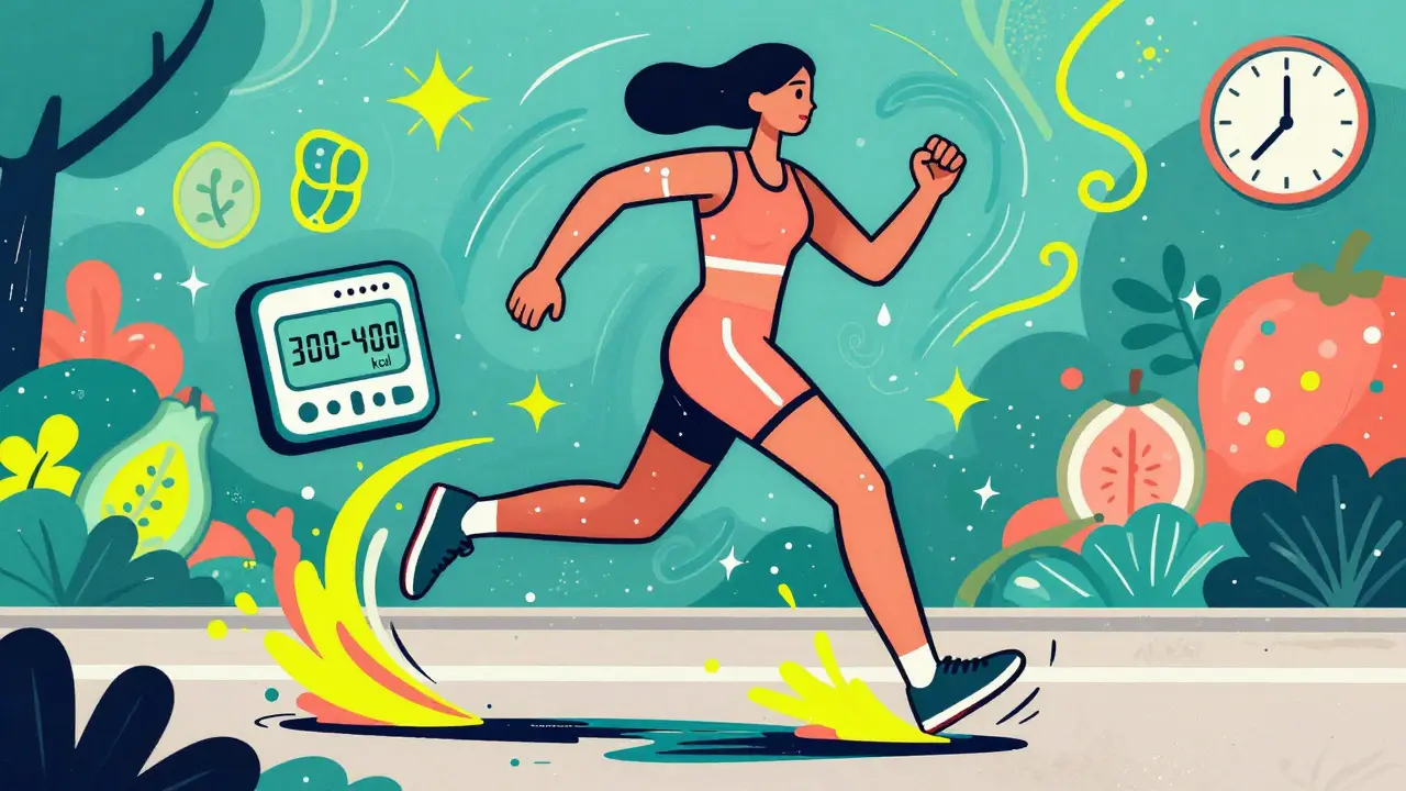 Женщина идет по парку, ее шаги оставляют цветные волны энергии, рядом — счетчик сожженных калорий.