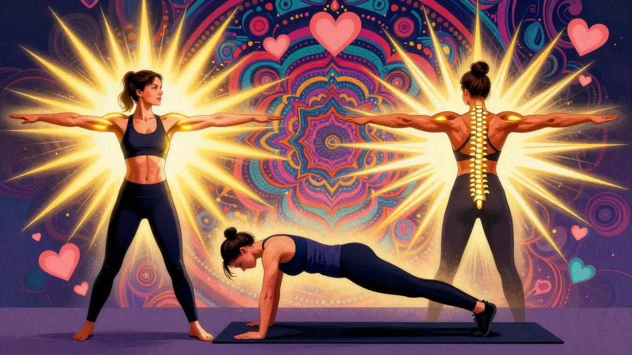 Женщина в позе разведения и планки, плечи и позвоночник подсвечены светом, фон — психоделические узоры.