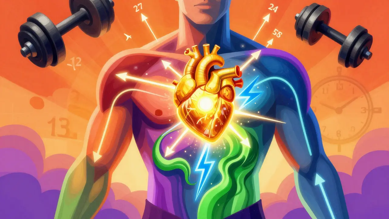 Абстрактное тело с glowing-путями креатина, бета-аланина и протеина, соединяющимися в взрыв мышечного роста, в стиле Питера Макса.