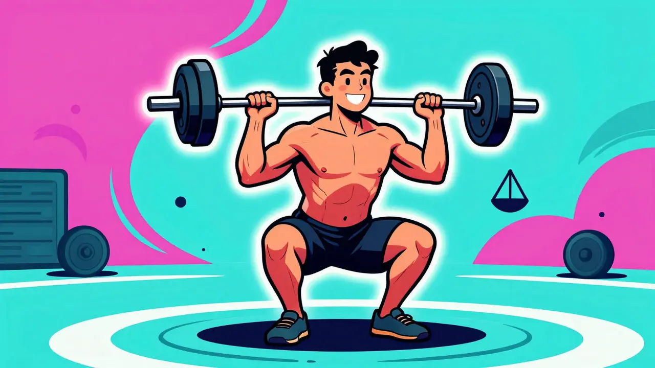 Атлет выполняет приседание с идеальной техникой и ровной спиной.
