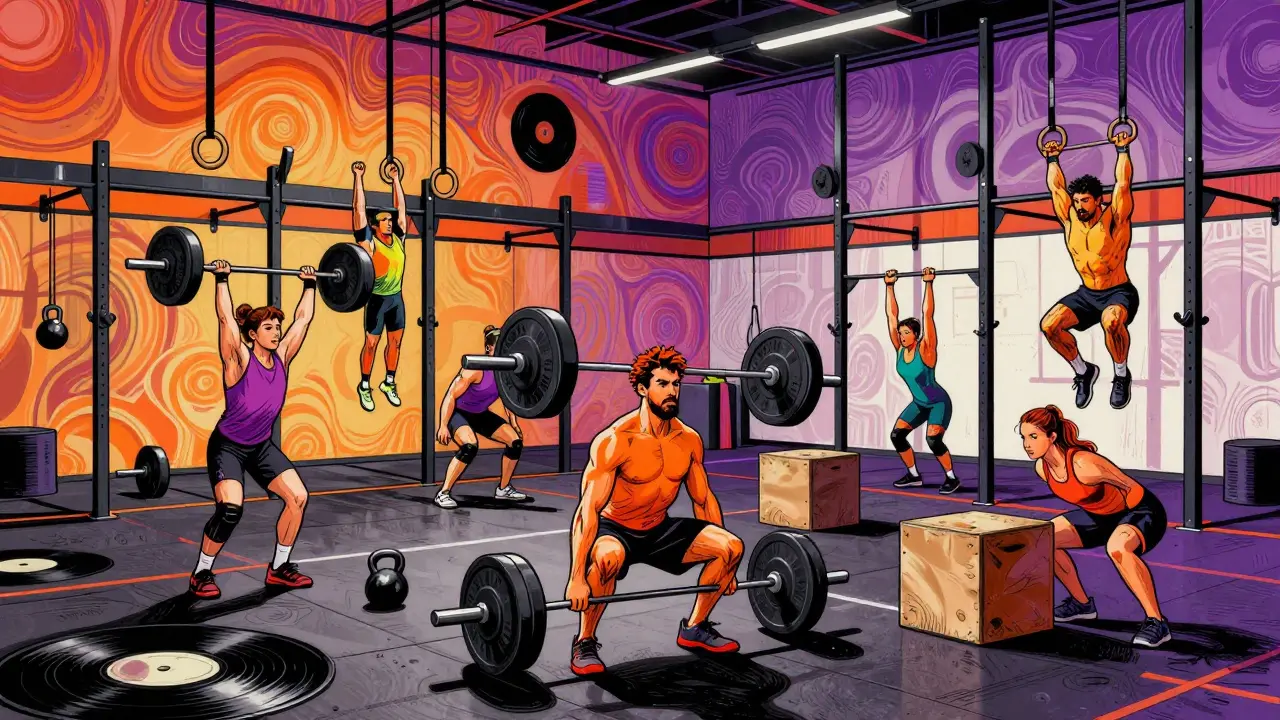 Атлеты выполняют упражнения с ярким задним фоном