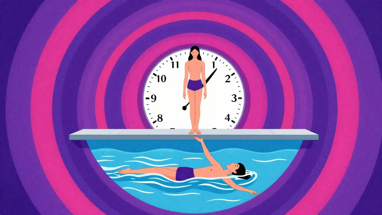 Человек балансирует на одной ноге, над водой, с символами отдыха и плавания вокруг.