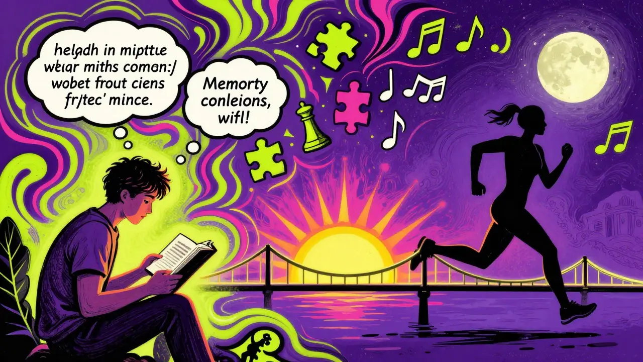 Человек изучает книгу и бежит под луной, соединённые светящимся мостом — усиление памяти через фитнес.