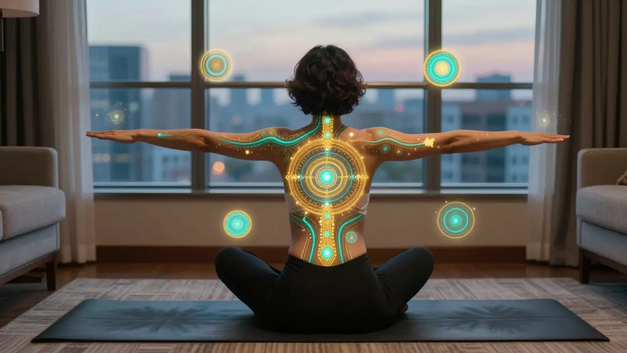 Человек наклоняется вперед, сидя на полу, вокруг — пульсирующие световые шары, символизирующие улучшение кровотока и снятие стресса.