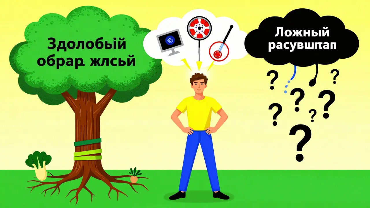 Человек под деревом здоровья, над головой — медицинские обследования, внизу — облако ложных результатов, всё в ярком психоделическом стиле Петера Макса.