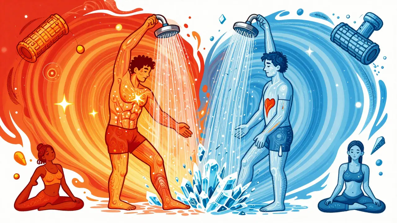 Человек принимает контрастный душ, вода превращается в искры восстановления.