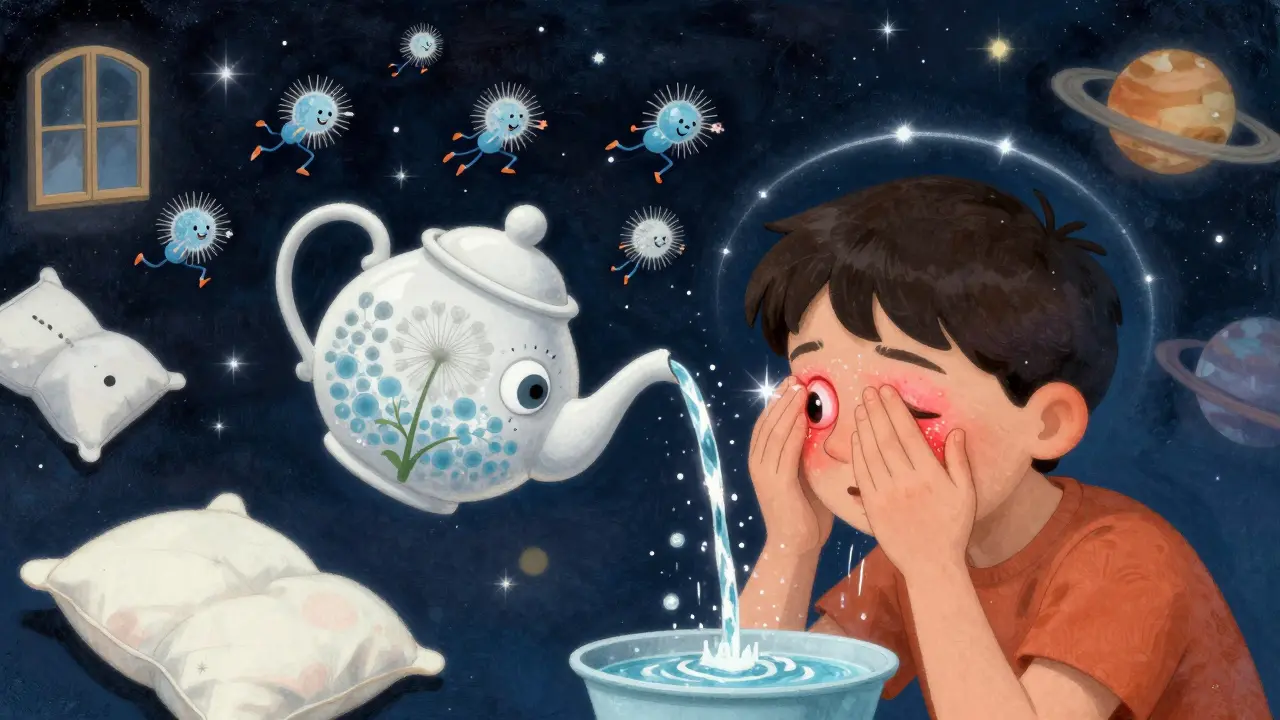 Человек промывает глаза водой из одуванчика, вокруг — аллергены и средства защиты