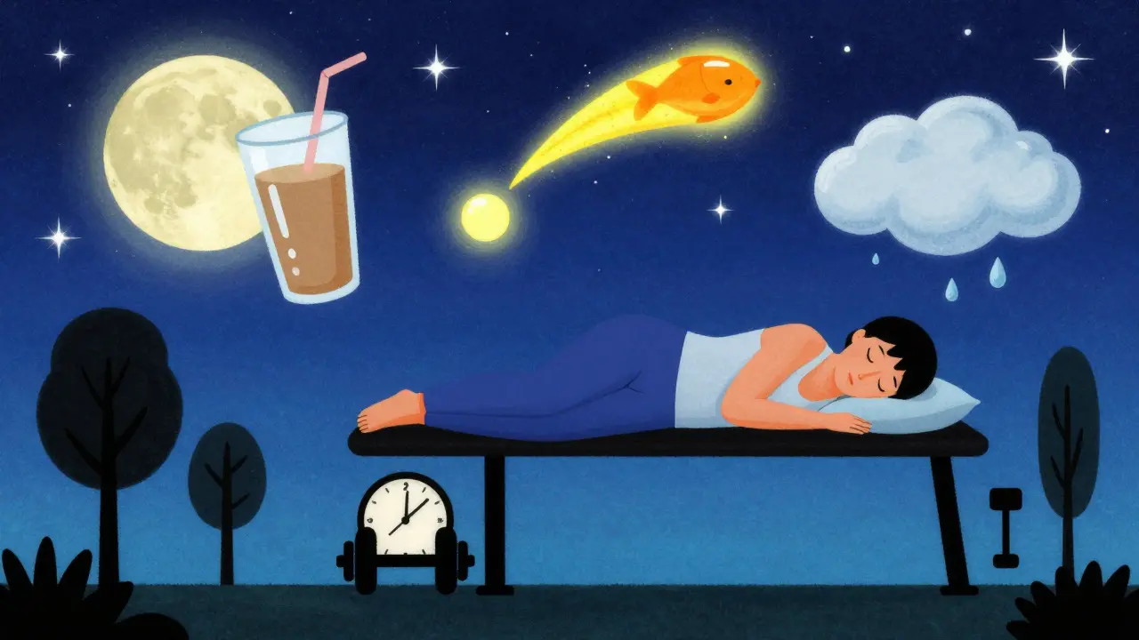 Человек спит под звездами, над ним парят добавки как космические объекты