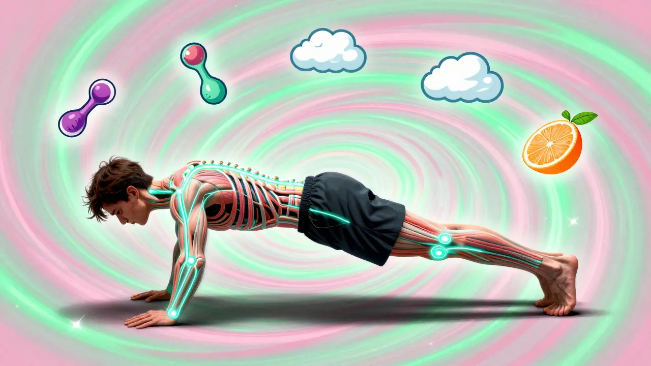 Человек в планке с светящимися связками и символами восстановления: сон, витамины, коллаген.
