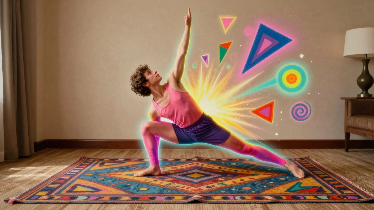 Человек в позе голубя на полу отеля, вокруг — неоновые узоры, символизирующие расслабление мышц и восстановление подвижности.