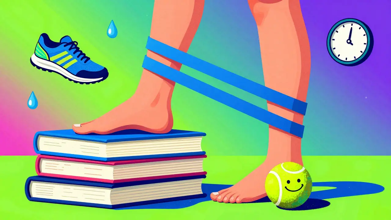 Человек выполняет упражнения на подъем на носки с мячиком и лентами, в стиле Питера Макса.