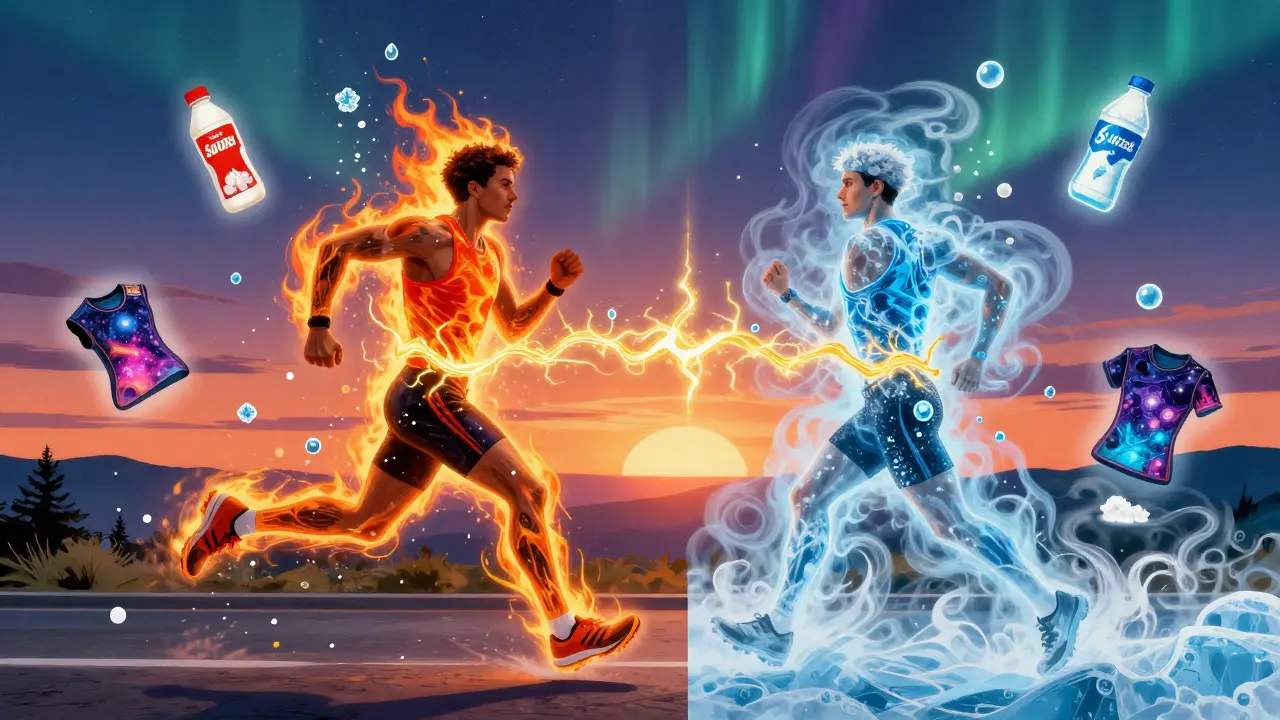 Два бегуна — в жаре и холоде — соединены золотой линией гидратации, окруженные символами воды и электролитов.