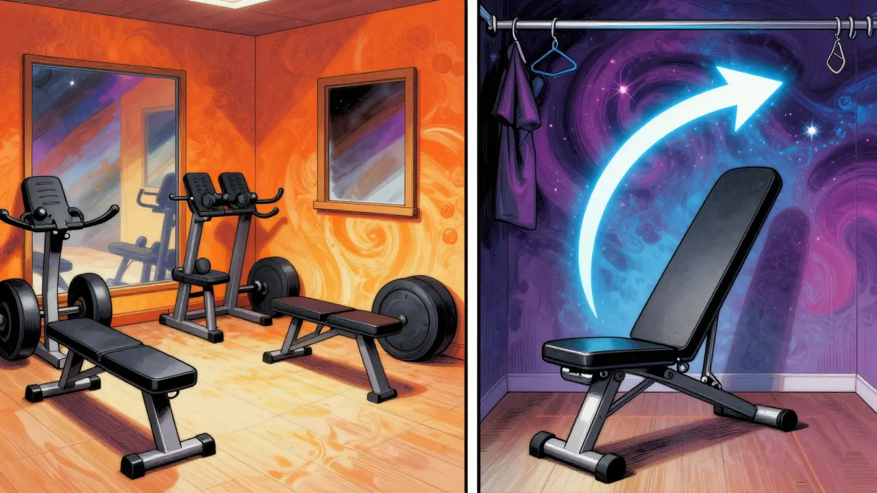 Два сценария: захламленный зал и убранная скамья в шкафу, символизирующие выбор между бесполезным пространством и умной тренировкой.