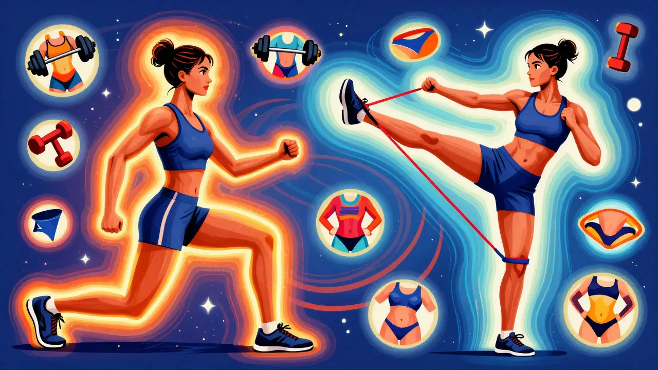 Две женщины делают болгарские выпады и махи ногой с резинками, вокруг них светящиеся символы тренировок.