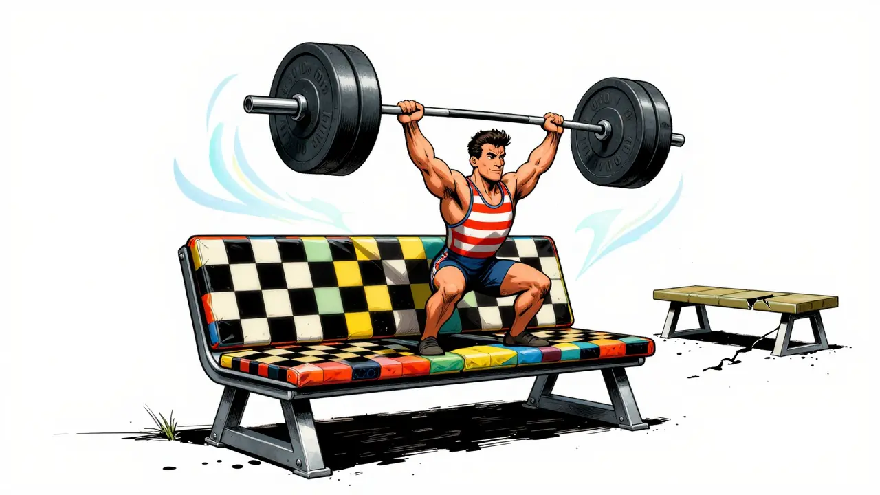 Фиксированная скамья с психоделическим узором, на которой спортсмен жмет тяжелую штангу, вокруг — волны энергии стабильности.