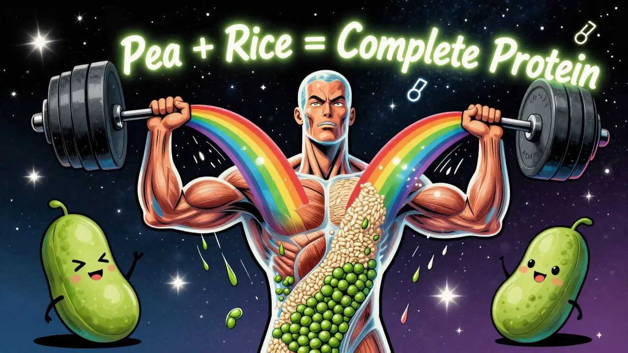 Футуристический спортсмен с прозрачным телом, мышцы растут от смеси гороха и риса, в стиле Питера Макс, с надписью 'Горох + Рис = Полный белок'.