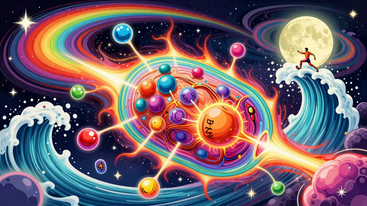 Глобулы креатина и аминокислот в сверкающей клетке мышцы, психоделический стиль