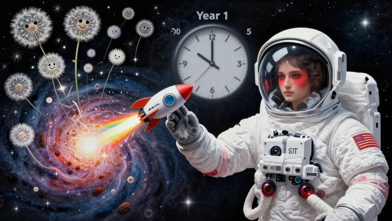 Космонавт-иммунная система запускает ракету АСИТ, превращающую пыльцу в улыбающиеся цветы